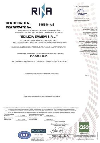 Certificato ISO 9001 2015 N.31564-14-S - 20.10.2023